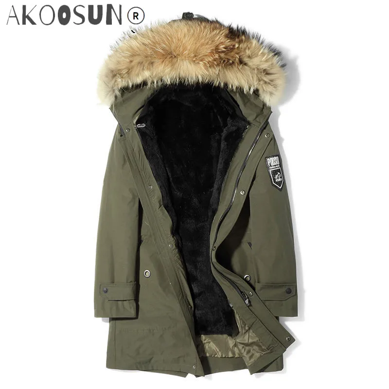

AKOOSUN Natural Fur Coat Winter Jacket Men Rabbit Fur Coats Real Raccoon Fur Collar Parka Men Clothes Warm Overcoat P18001 MY777