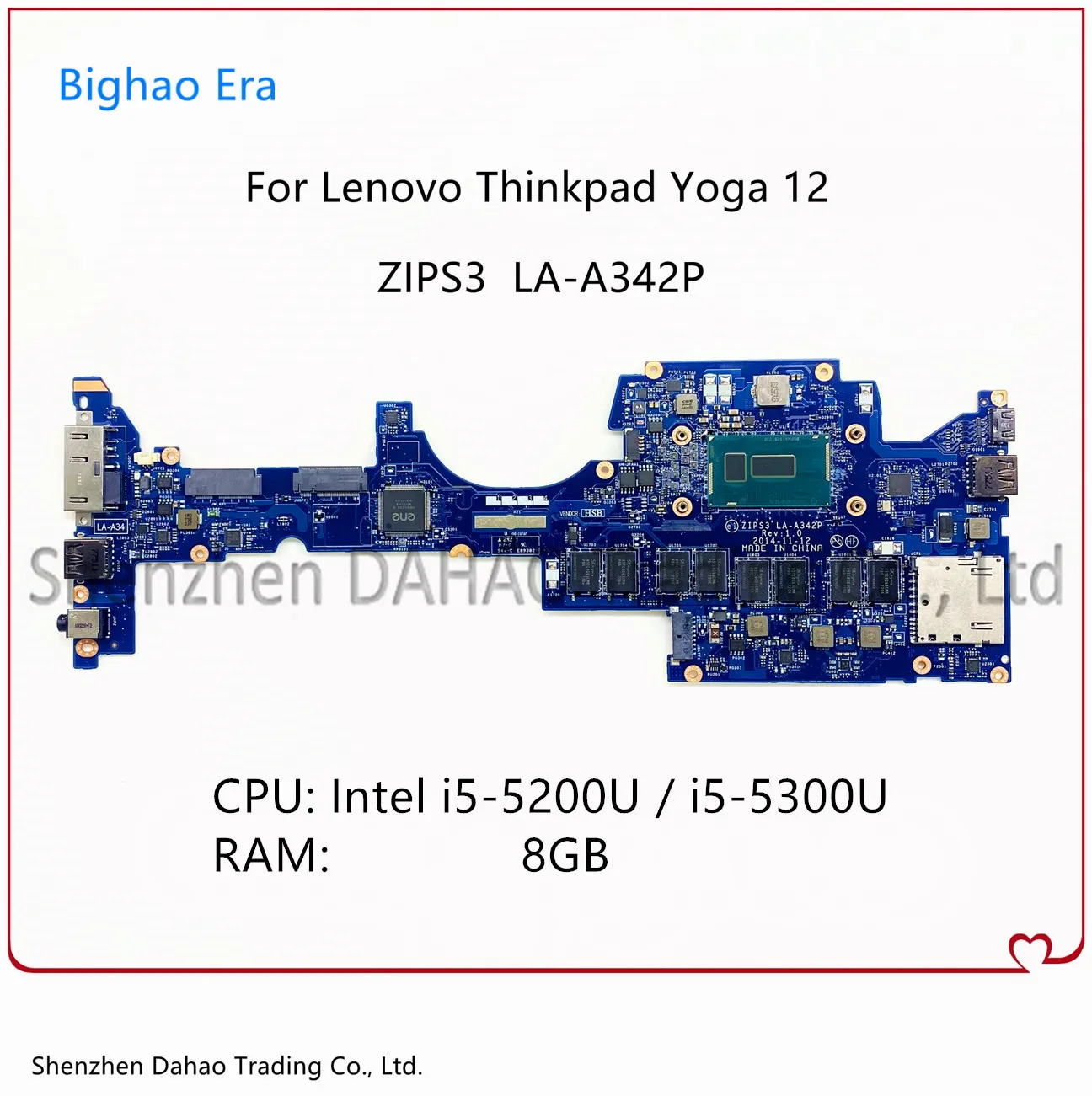 ZIPS3 LA-A342P для ноутбука Lenovo Thinkpad YOGA 12 материнская плата с i5-5200U/5300U CPU 8G-RAM 01AY504 00HT711 100%