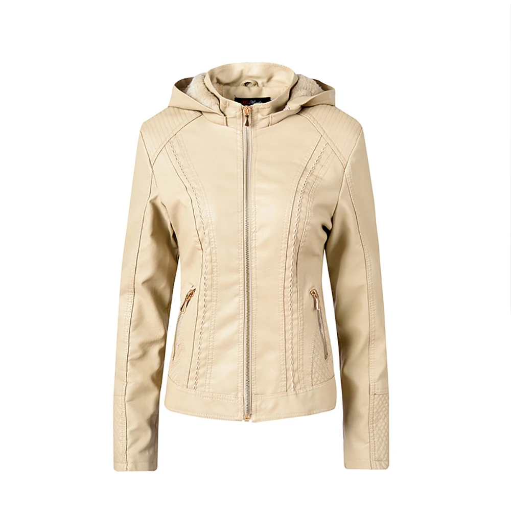 

Fashion Winter Faux Leather Jacket Women's Basic Jackets Hooded Black Slim Motorcycle Jacket Women Coats