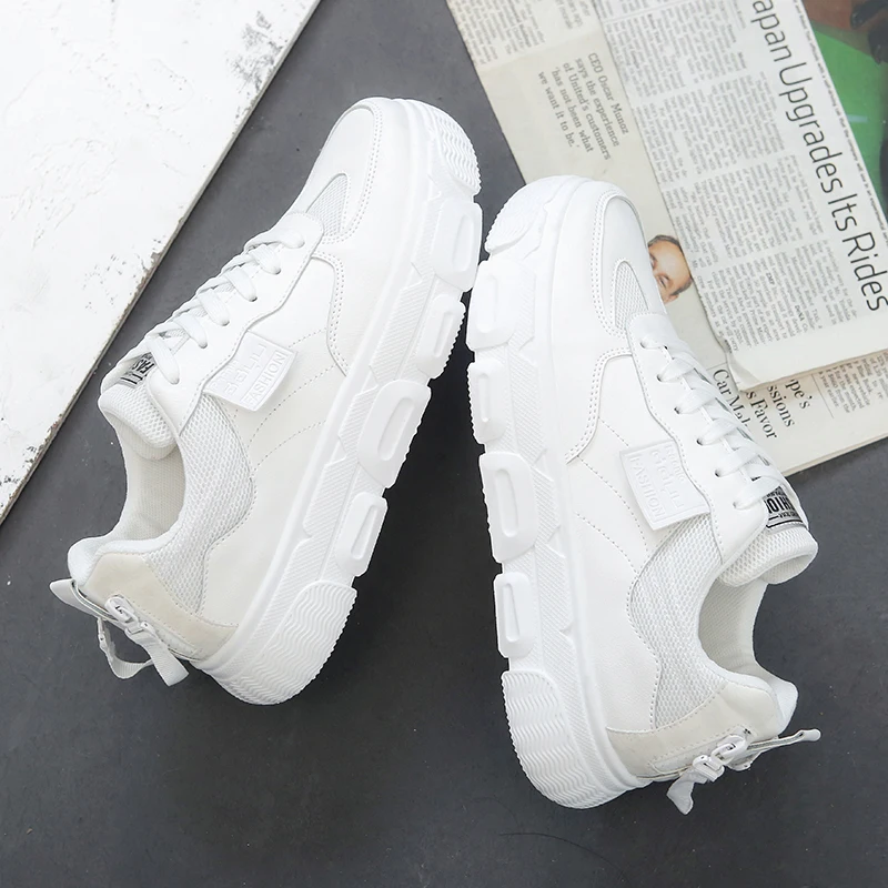 

Pu Leather Casual Shoes Mens Mesh Comfortable Sneakers Flatform Fashion Man Leisure Shoes Tide Black Solid Color Board Shoes New
