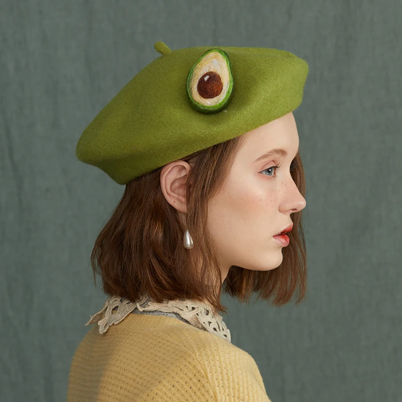 

Wool Woman Beret Fruit Cap Creative Handmade Green Painter Cap Winer Accessary