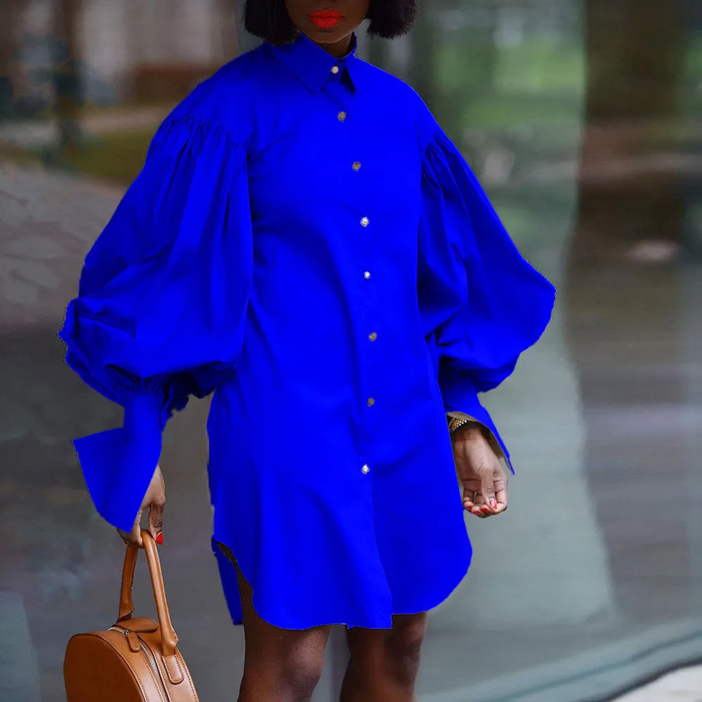 

Western Style 2021 Spring Summer Fashion Oversize Loose Casual African Solid Color Lantern Sleeve Lapel Single-breasted