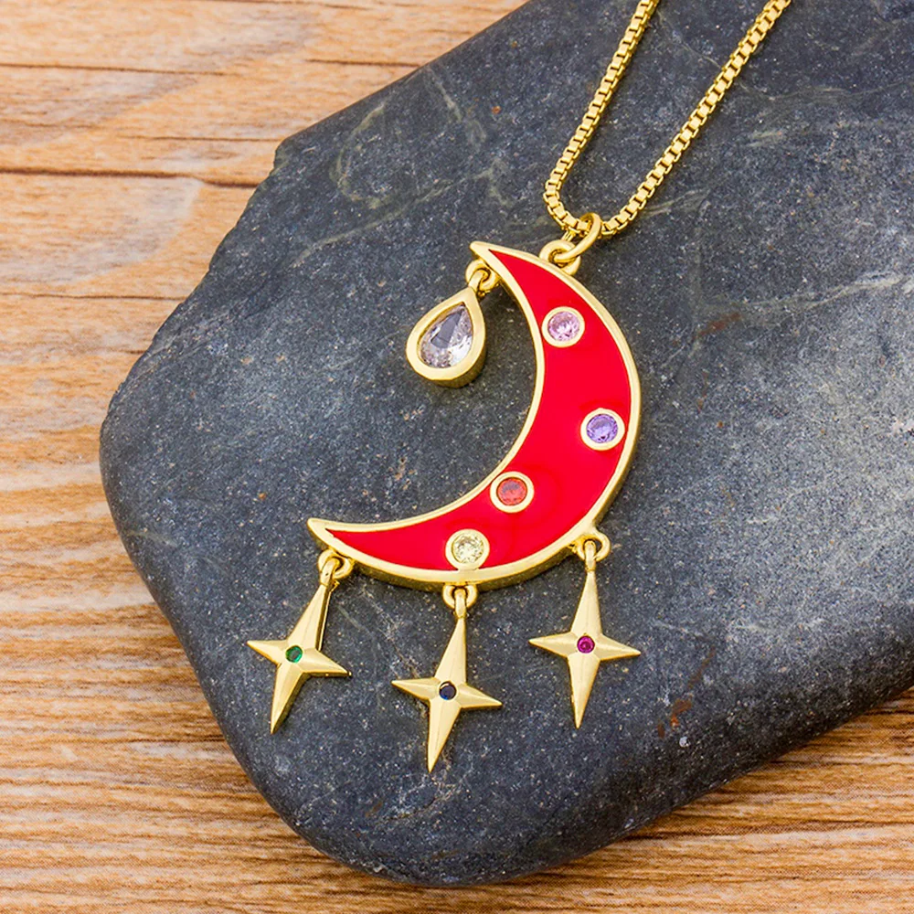 

AIBEF Red Black Crescent Moon Rhinestone CZ Necklace Chain Charm Pendant Necklace Women Jewelry For Masquerade Evening Party