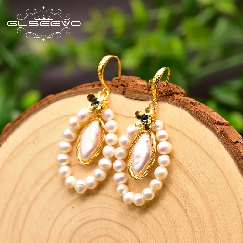 Длинные серьги GLSEEVO с натуральным пресноводным белым жемчугом подвески для