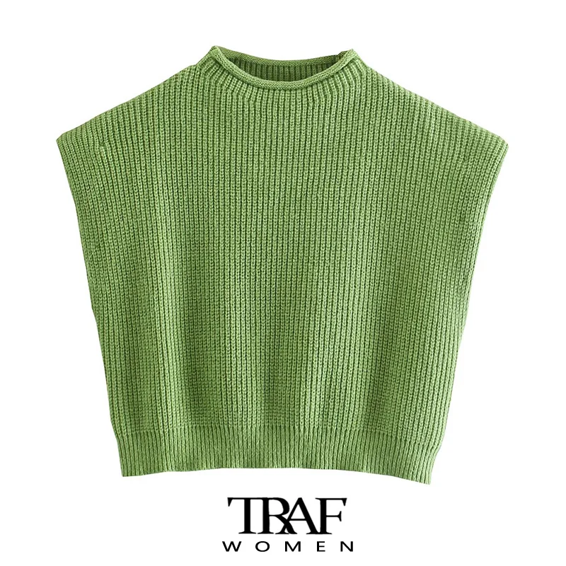 

TRAF Women Fashion With Shoulder Pads Cropped Knit Vest Sweater Vintage O Neck Sleeveless Female Waistcoat Chic Tops