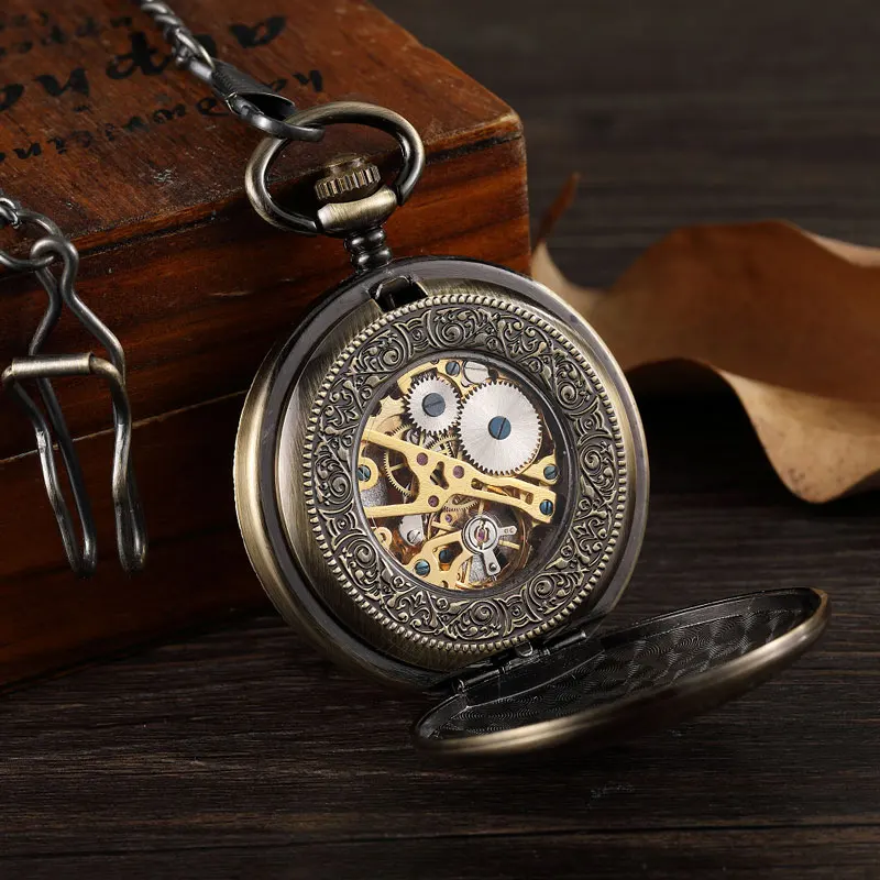 Simple Double Sided Cover Mechanical Pocket Watch Men Hollow Steampunk Skeleton Hand Wind Vintage Pocket Watch Male Clock Waist