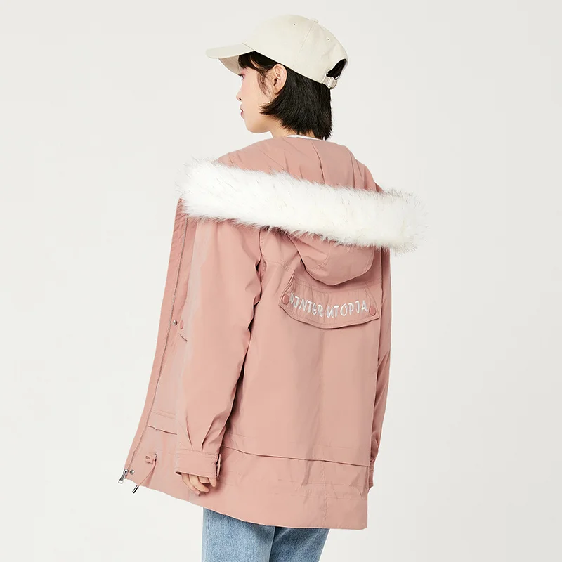 

SEMIR Cotton jacket women 2020 winter new warm detachable fur collar jacket hooded Korean mid-length bread jacket