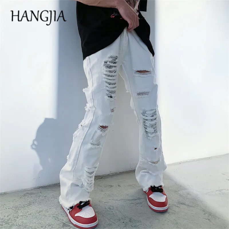 

Hip Hop Distressed Beggars Ripped Skinny Jeans Male Streetwear Biker Washed Hole Destroyed Slim Fit Raw Micro Flared Jeans