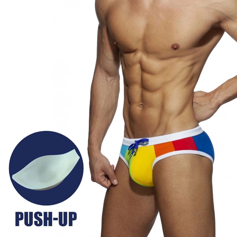 

2021 New Men Swimming Briefs Sexy Pouch Bulge Enhancing Gay Swimwear Multicolor Patchwork Push-Up Pad Swim Surf Beach Shorts