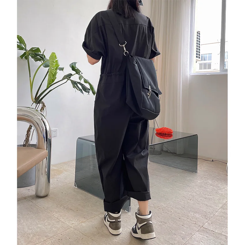 

Summer New Japanese Street Frock Style Round Neck High Waist Elastic Drawstring Straight Tube Wide Leg Jumpsuit
