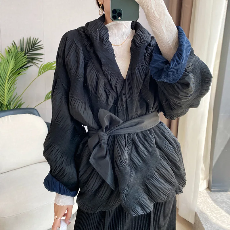 

Changpleat 2021 winter clothes women new thick lace-up padded jacket Miyak fold Korean style bread coat loose cotton short coat