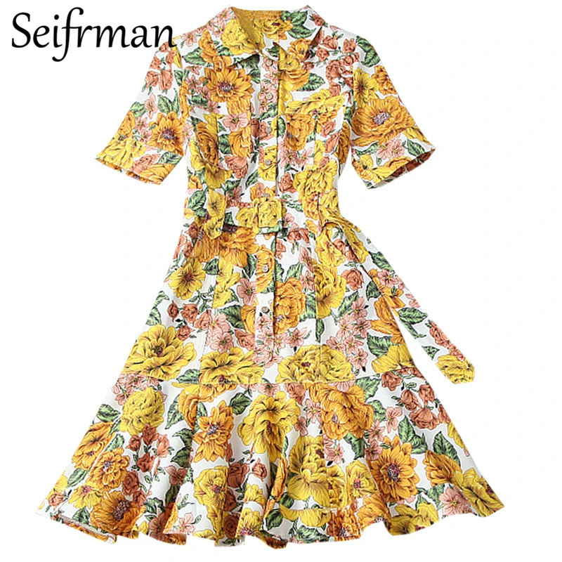 

Seifrman New 2021 Summer Women Fashion RunwayParty Midi Dress Short Sleeve Sashes Single Breasted Floral Print Ladies Dresses