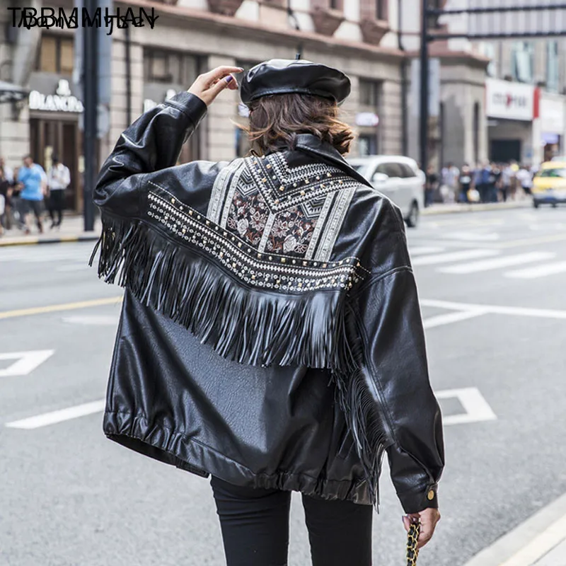 

Boho Womens Heavy work Embroidery Rivet Tassel Washed Fake PU leather jacket Autumn Oversized Leather Motorcycle Coat Streetwear