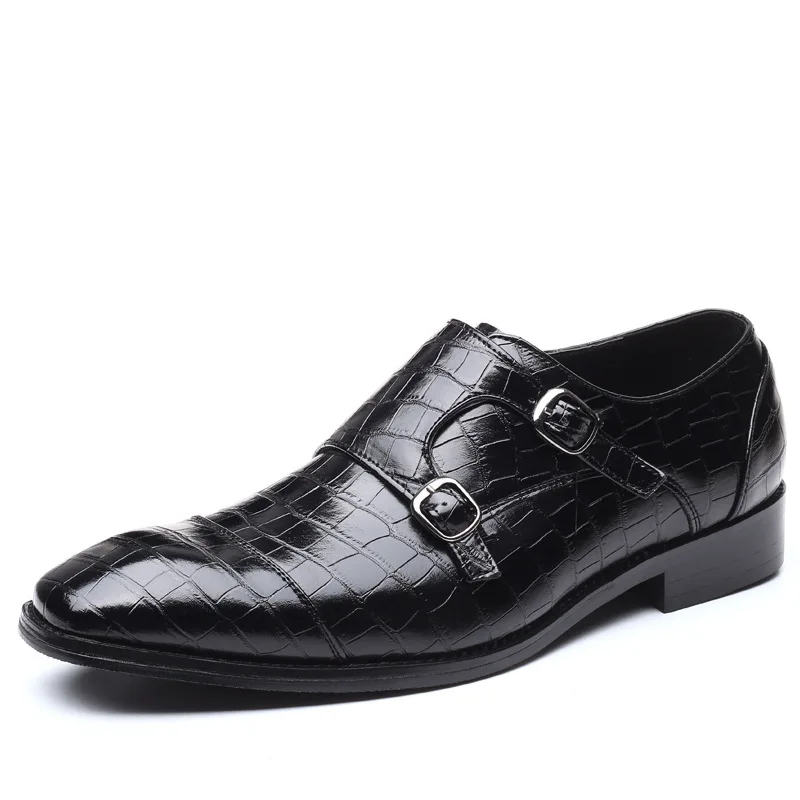 

Men's Black Pu Crocodile Leather Shoes with Low Heel Buckle Fashion Dress Shoes Classic Casual Shoes Zapatos De Hombre HL046