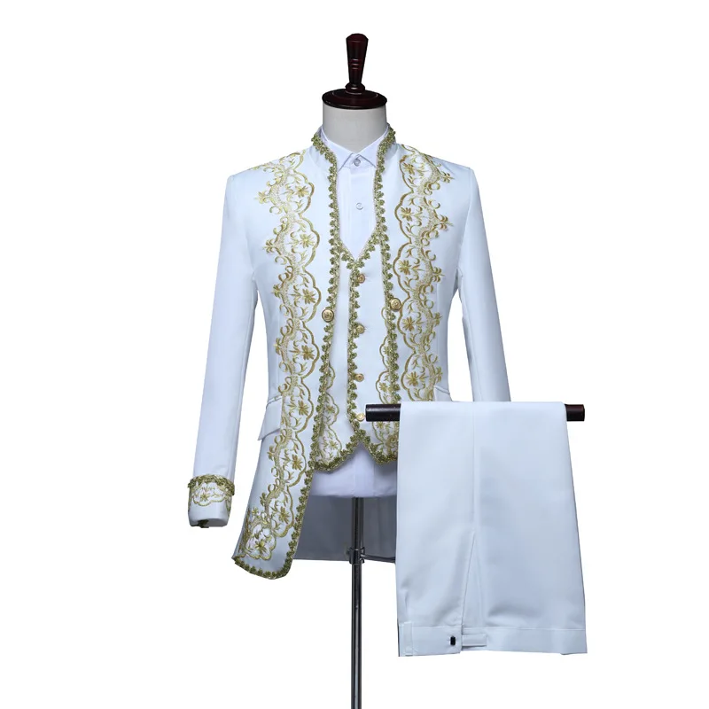 Men White Embroidery 3 Piece Suits Vintage Palace Court Prince Costume Stage Drama Tuxedo Blazer Coats Jackets Vest Trousers Set