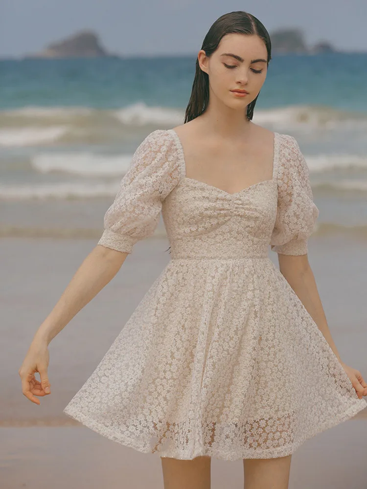 

Summer Women Vintage Elegant Slim Beach Causal Everyday Mini Lady Fresh Sweet Embroidery Lace Mesh Short Boho Dress