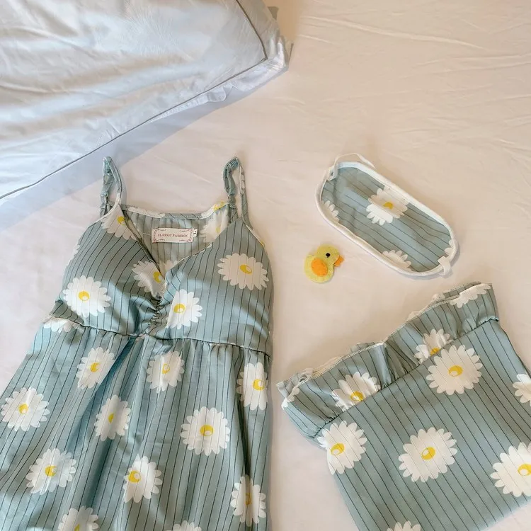 

Summer Pajamas Women Summer Sleeveless Thin Sleepwear Cute Sexy Flowers Print Pyjamas Two piece Home Clothes With Chest Pad