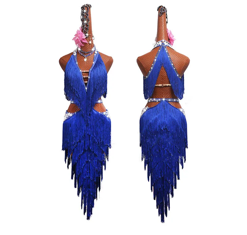 

Shiny Rhinestone Latin Dance Dress Women High-end Custom Girl And Adult Female Blue Fringed Dance Dresses Competition Costumes