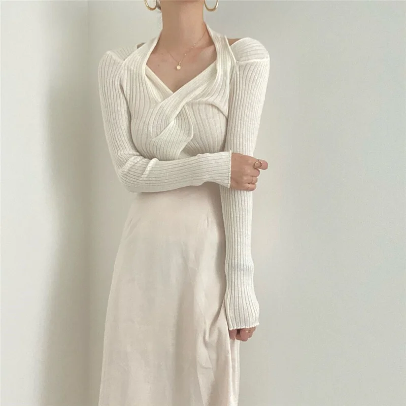 

HziriP Criss-Cross V-Neck Women Shirts Asymmetrical Solid Knitting Shirt 2021 Autumn Slim Gentle Fashion Elegant SkinnyTops
