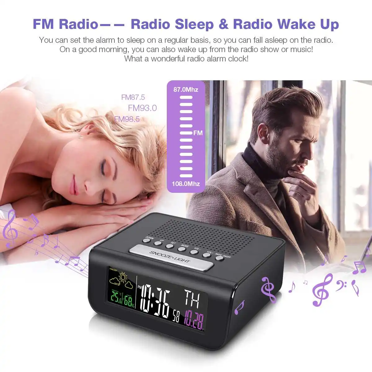 Digoo DG-FR100, беспроводные fm-радио часы, цифровой Повтор, будильник, двойной будильник, погода, календарь, температура, влажность