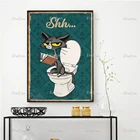 Постер Shhh в виде книги для чтения кошки, забавный ретро постер, декор для туалета, настенные художественные принты, домашний декор, холст, подарок, плавающая рамка