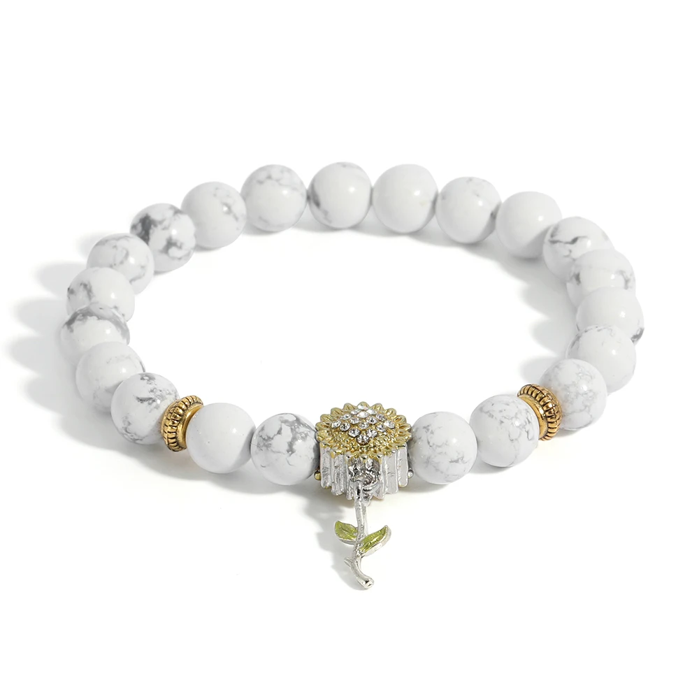 

Sunflower with CZ Charm 8 MM Natural Pink Crystal Howlite Semi-Precious Stone Beaded Bracelets for Women
