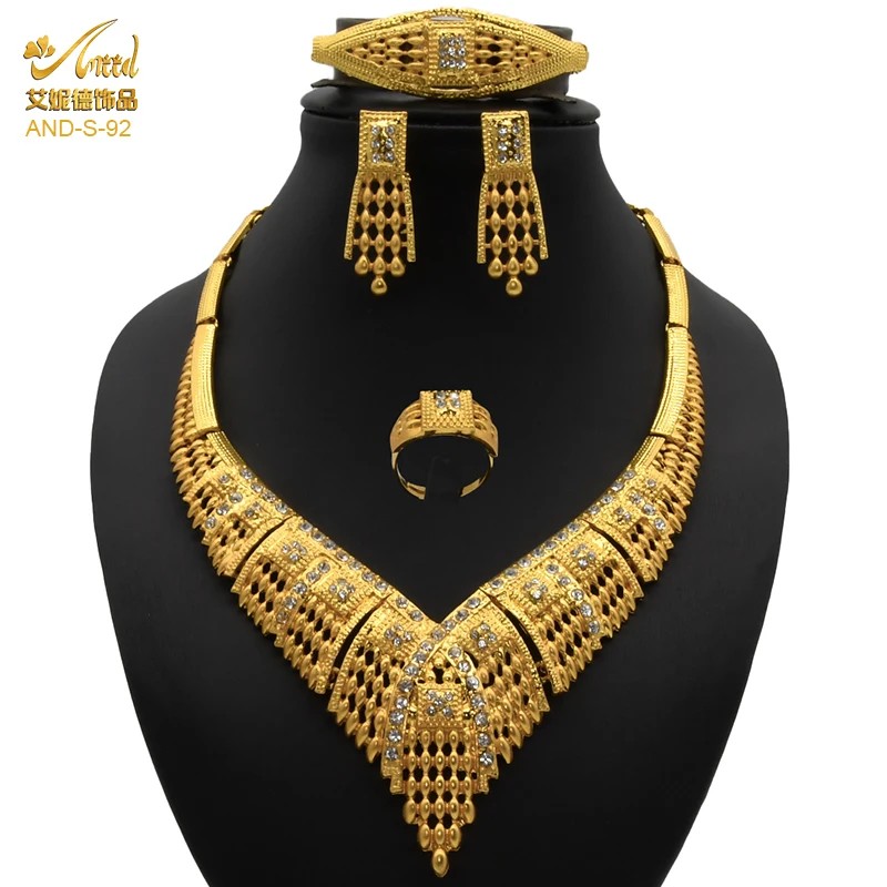 

ANIID Jewelery Set Nigeria Wedding Jewelry Big Necklace For Wedding Party 24KGold Plating Oval Earrings Bracelet Dubai Ethiopian