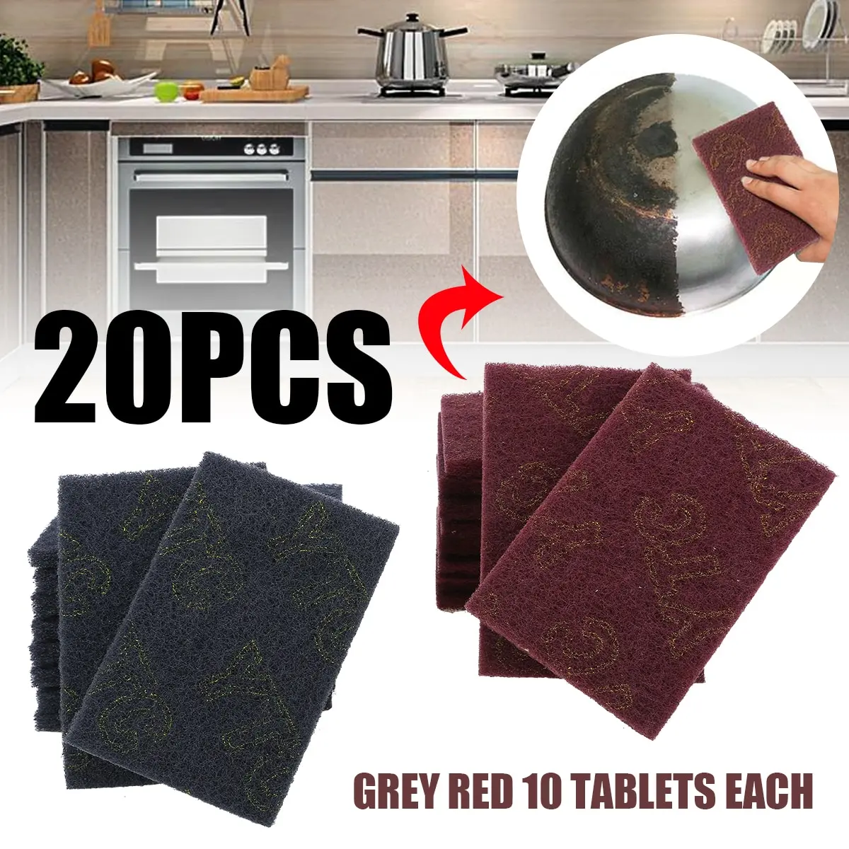 

20pcs 15 x 10 x 0.7cm Grey/Red Abrasive Finishing Fine Pads Nonwoven Scouring Hand Pad for Kitchen Cleaning