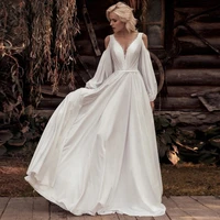 robes de luxury matte soft satin a line wedding dresses shoulder exposure lantern sleeve gowns v neck backless custom