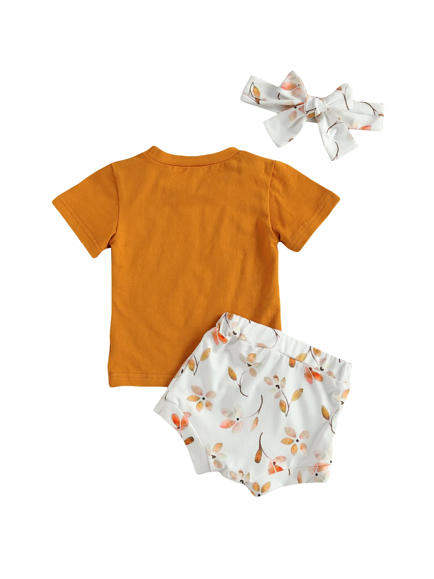

2021 New Summer 0-24M Baby Girl 3Pcs Set HERE COMES THE SUN Khaki Letter Print Short Sleeve T-Shirt+Floral Shorts+Headband