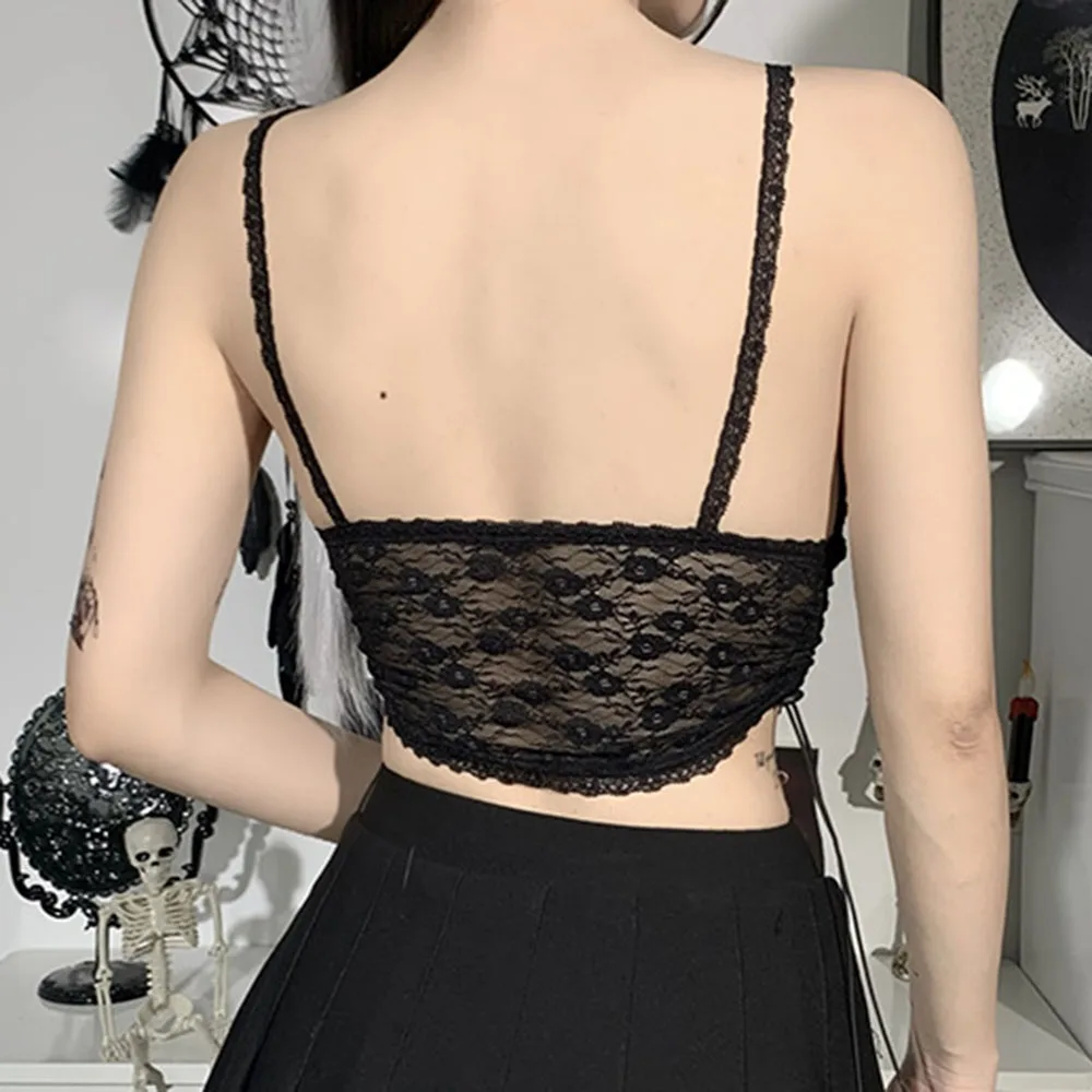 

Gothic Tank Top Spring Summer Fashion Hipster Simple Designer Thin Sexy Lace Drawstring Navel Solid Color Perspective 2021