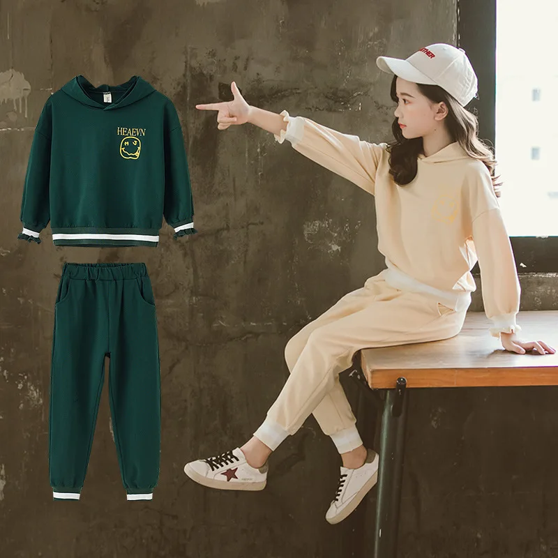 Осенняя Спортивная одежда для больших девочек простой свитер с капюшоном + штаны