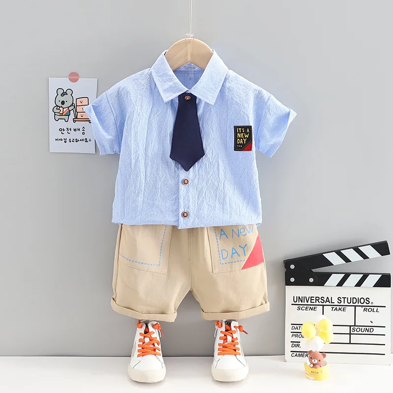 

Summer Baby Boy Gentleman Clothes Sets 2021 Toddler Boys Tie Lapel T-shirts+Tooling Shorts 2-piece Outfits Kids Casual Clothing