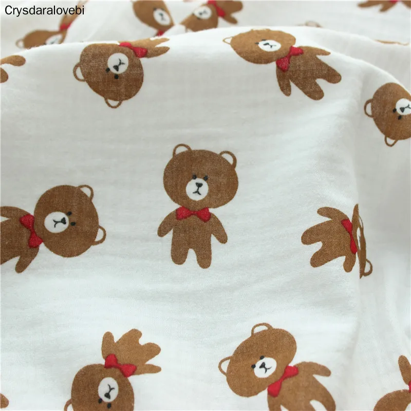 

200x135cm Cotton Crepe Fabric Printing Double Gauze Seersucker Pants DIY Cloth Children's Cartoon Bear Bow