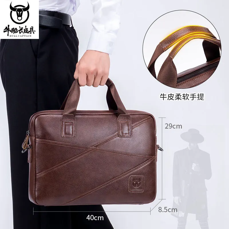 Men Genuine Leather Briefcase Business Handbag Cowhide Shoulder Bag Crossbody Bag 14 Inch  Laptop Male Travel Bag Black&Brown