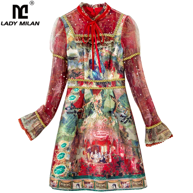 

Women's Runway Dresses Stand Collar Long Sleeves Ruffles Printed Tiered Piping Fashion A Line Short Dress Vestidos