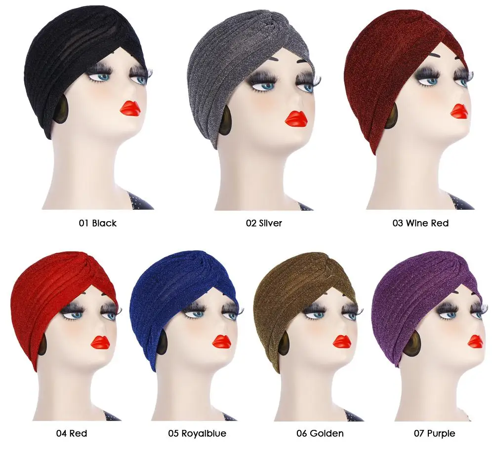 Для женщин блеск серебристого золотистого цвета узел Твист Тюрбан повязка на