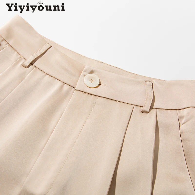 

Yiyiyouni Casual Long Sleeve Satin Shirts + High Waist Pants + Tank Top 3 Piece Set Women Loose Straight Trousers Outfits Female