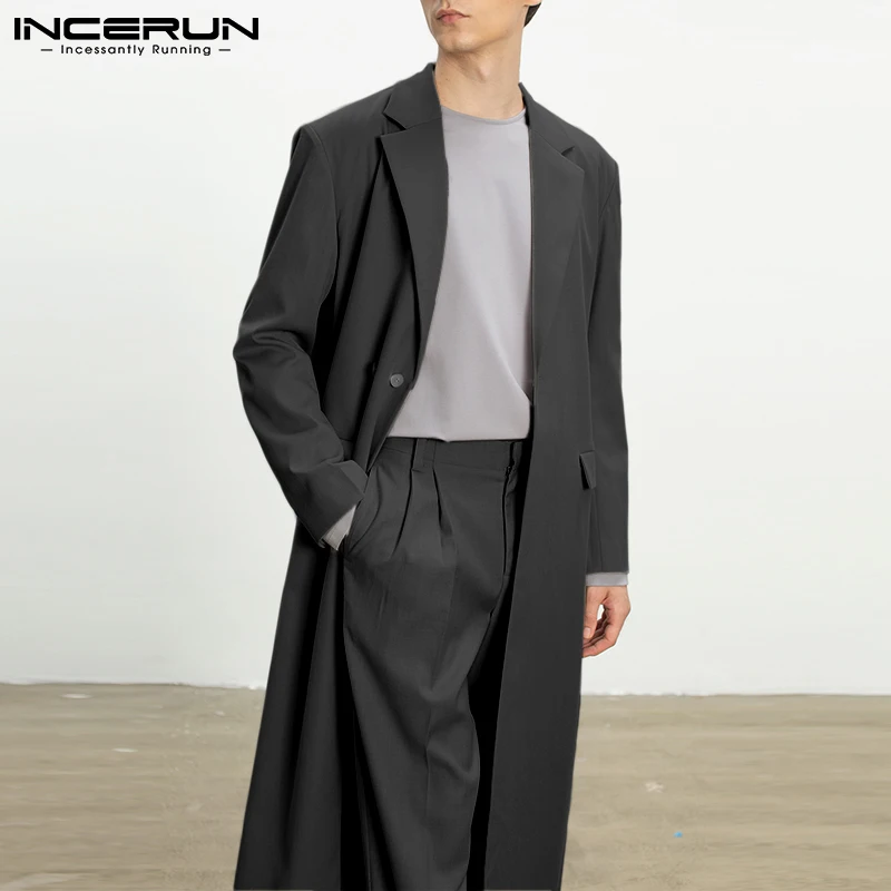 

2021 Men Trench Lapel Long Sleeve One Button Solid Streetwear Long Style Windbreaker Loose Fashion Casual Men Thin Coats INCERUN