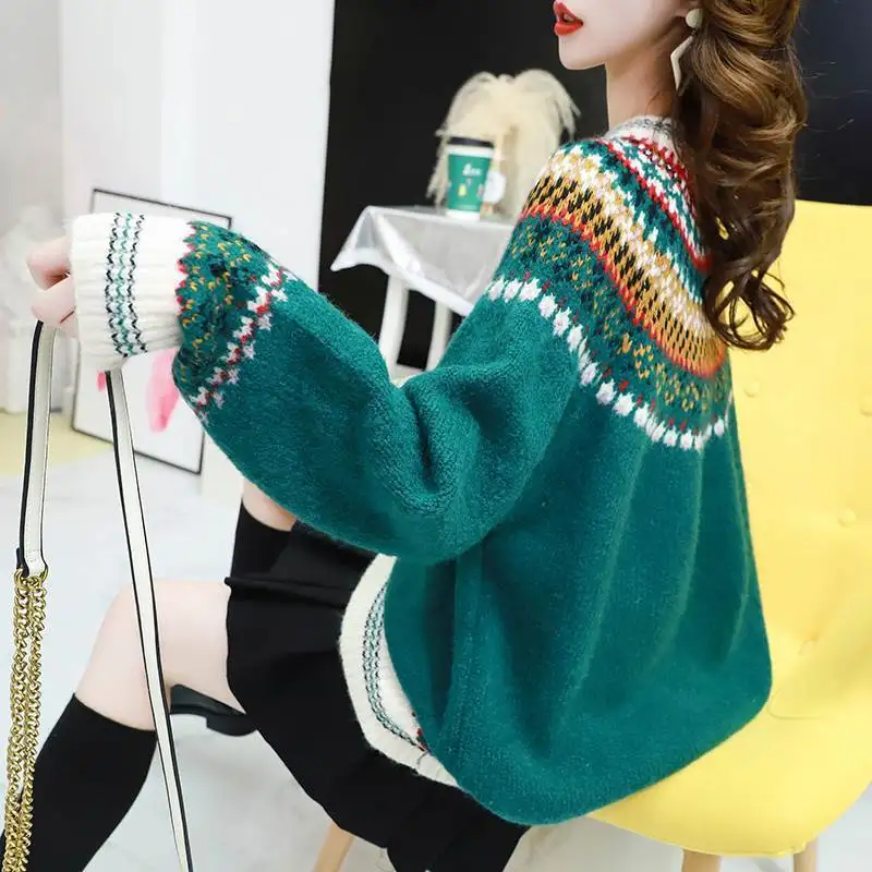 

New Christmas Jacquard Pullover round neck sweater women Autumn Winter Heavy industry Loose Casual Knitted Warm Thick Tops
