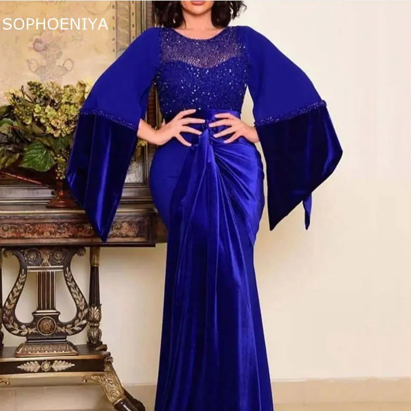 

New Arrival Velvet Long sleeve evening dresses 2020 Beading mermaid dress women Abiye Dubai Muslim evening dress Plus size