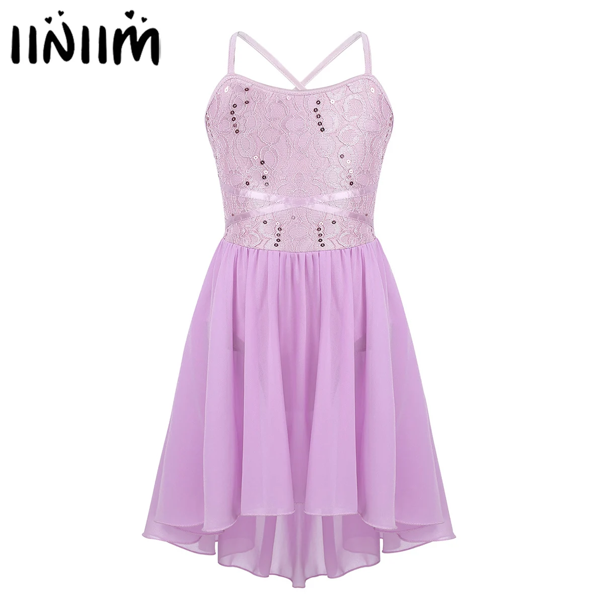 

Детское платье для фигурного катания для девочек, кружевное трико с блестками, платье с высоким и низким подолом для лирического балета, сов...