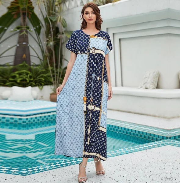 

Summer New Fashion Leaves Printed Maxi Dress Casual Round-neck Ankle Length Loose Plus Size Dress for Women FZ216