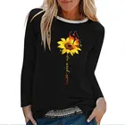 Женская футболка с принтом подсолнуха, бабочки и надписью Never Give Up, хлопковая, с длинным рукавом, на осень и зиму