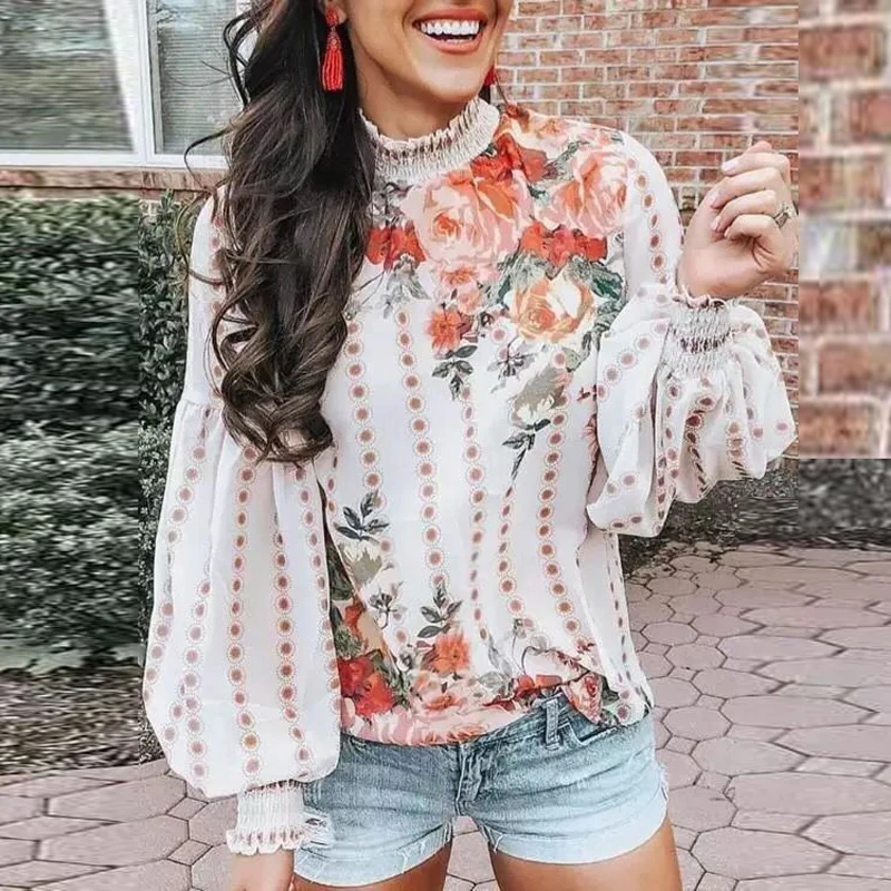 

Flower Pattern T-shirt Plus Size Shirt Women Long Sleeve Printed O Neck Lantern Sleeve Long Sleeve Shirt Office Beauty Tshirts