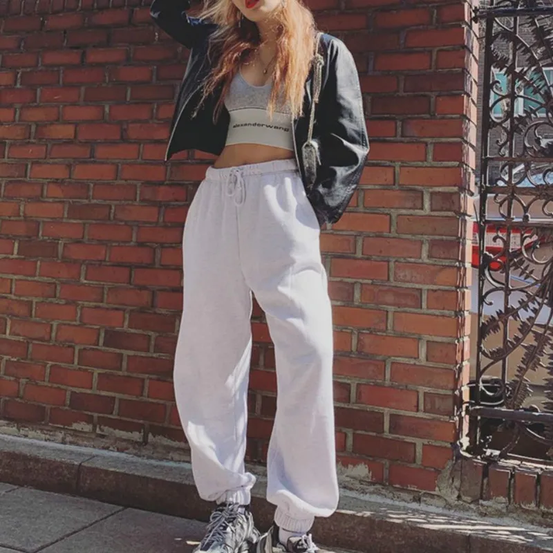 Женские брюки с высокой талией в стиле хип хоп черные повседневные спортивные