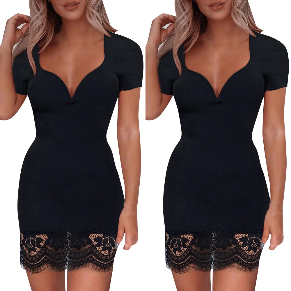 

Womens Summer Patchwork Sexy Bodycon Mini Dress Ladies V-Neck Party Evening Short Dresses Black Lace Vestido
