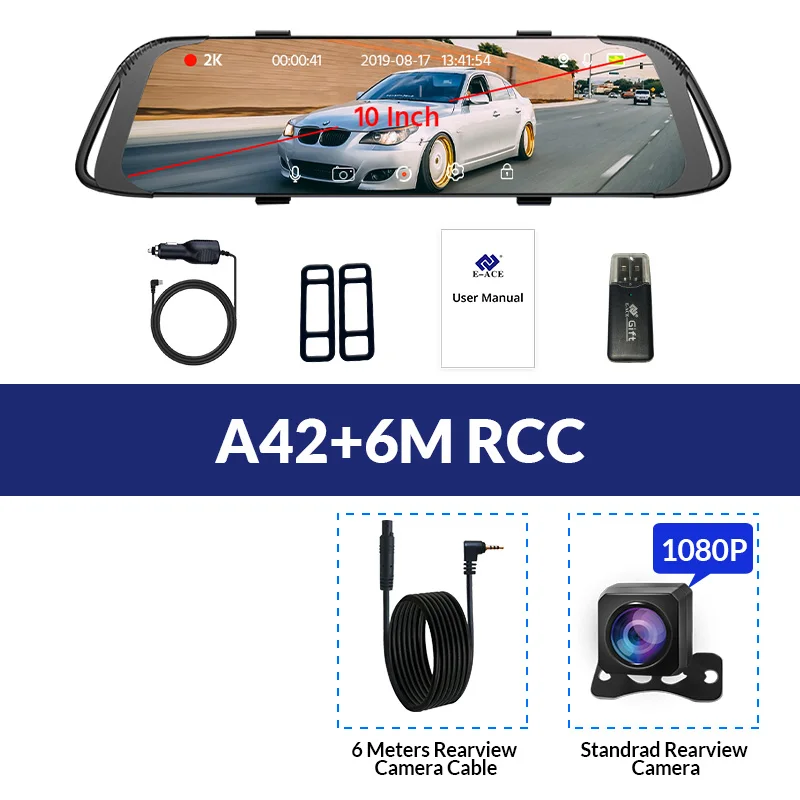 E-ACE Автомобильный видеорегистратор 7,0 дюймов сенсорный видеорегистратор зеркальная камера FHD 1080P двойной объектив с камерой заднего вида Авто регистратор видеорегистратор - Название цвета: A42-6M RCC
