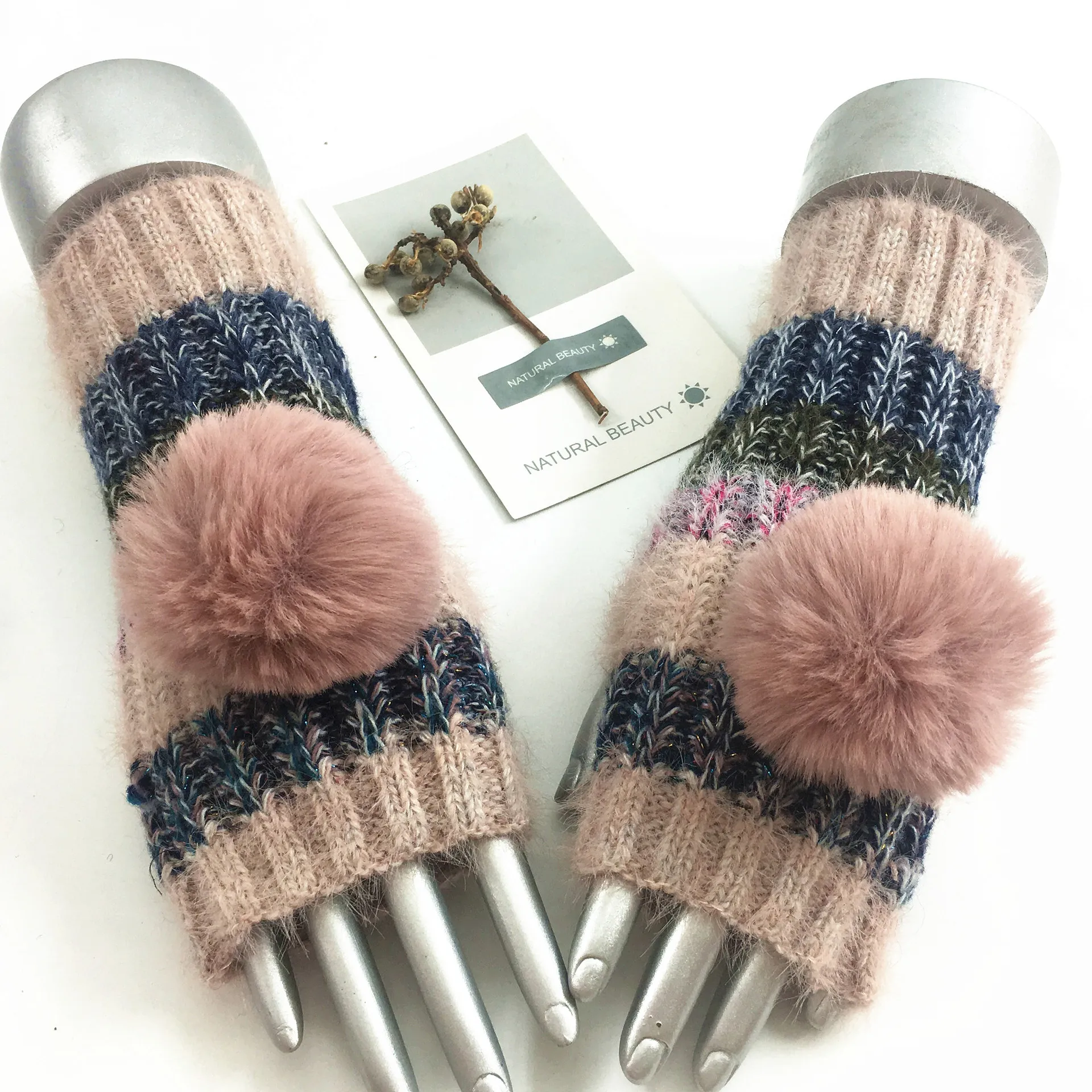 

Women Woolen Autumn and winter fashion knitted stripe three-piece suit wild warm hood wool hat scarf glove suit girls