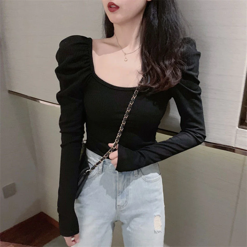 

Long Sleeve T-shirt Bottoming Shirt Women Tshirt New Autumn Black Slim Fit Bubble Sleeve Solid Color Top T Womens Fashion Vogue